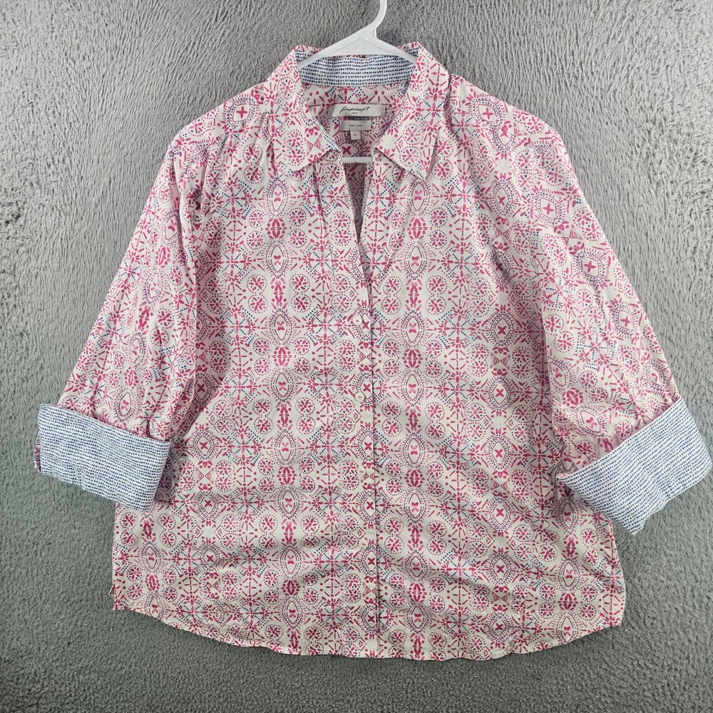 Foxcroft NYC Easy Care Pink Blue Medallion 3/4 Sleeve Button Up Shirt XL